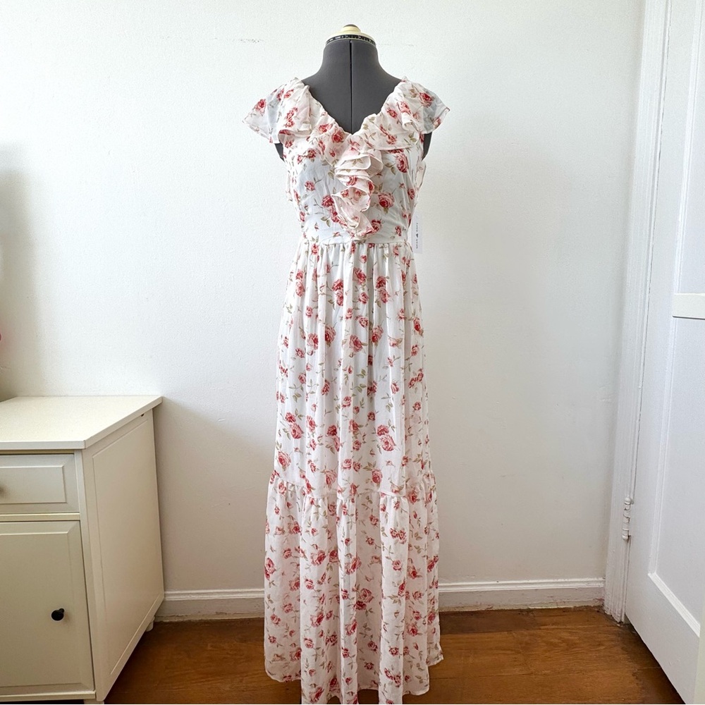 NWT Love Wish pink floral ruffle maxi dress sz S